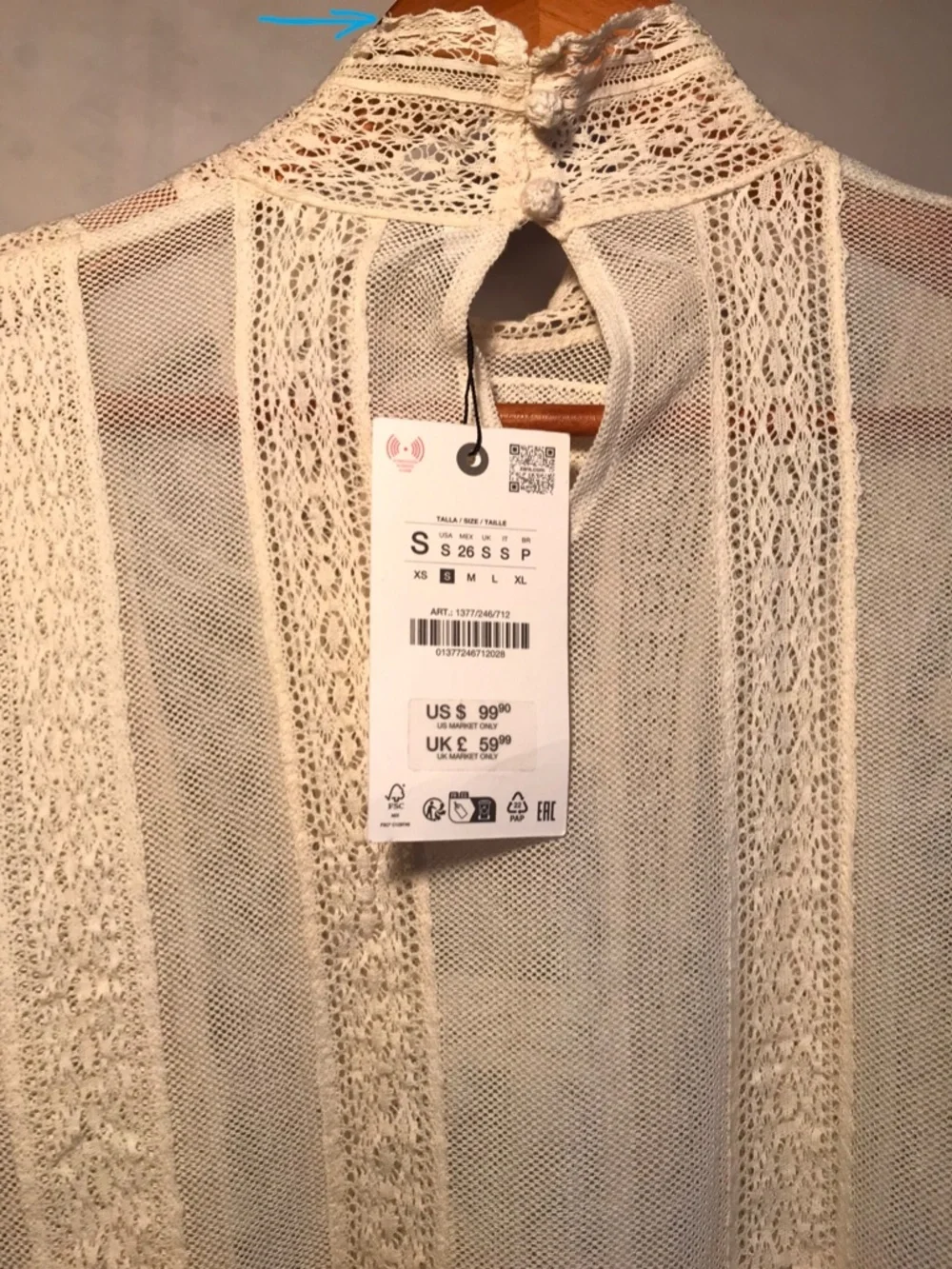 Zara Romantic Lace Blouse Semi-Sheer High Neck Ladder Stitch Size Small - Picture 13 of 15